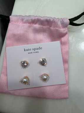 kate spade Gold Crystal & Pearl Stud Earring Set with Pink Pouch
